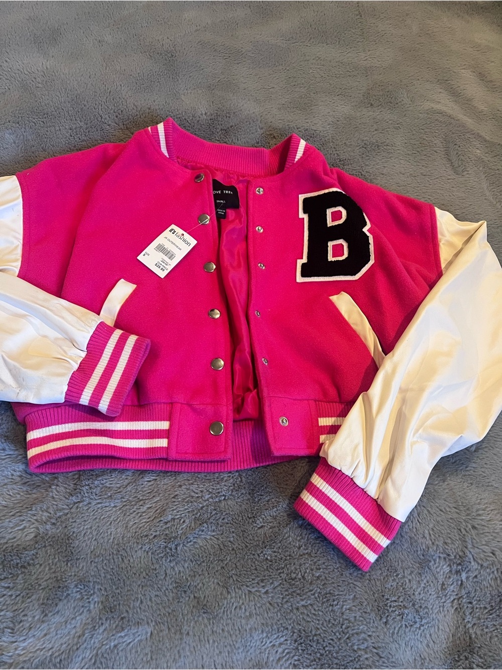 Love Tree Hot Pink and White Cropped Varsity Jacket with 'B' Patch Small